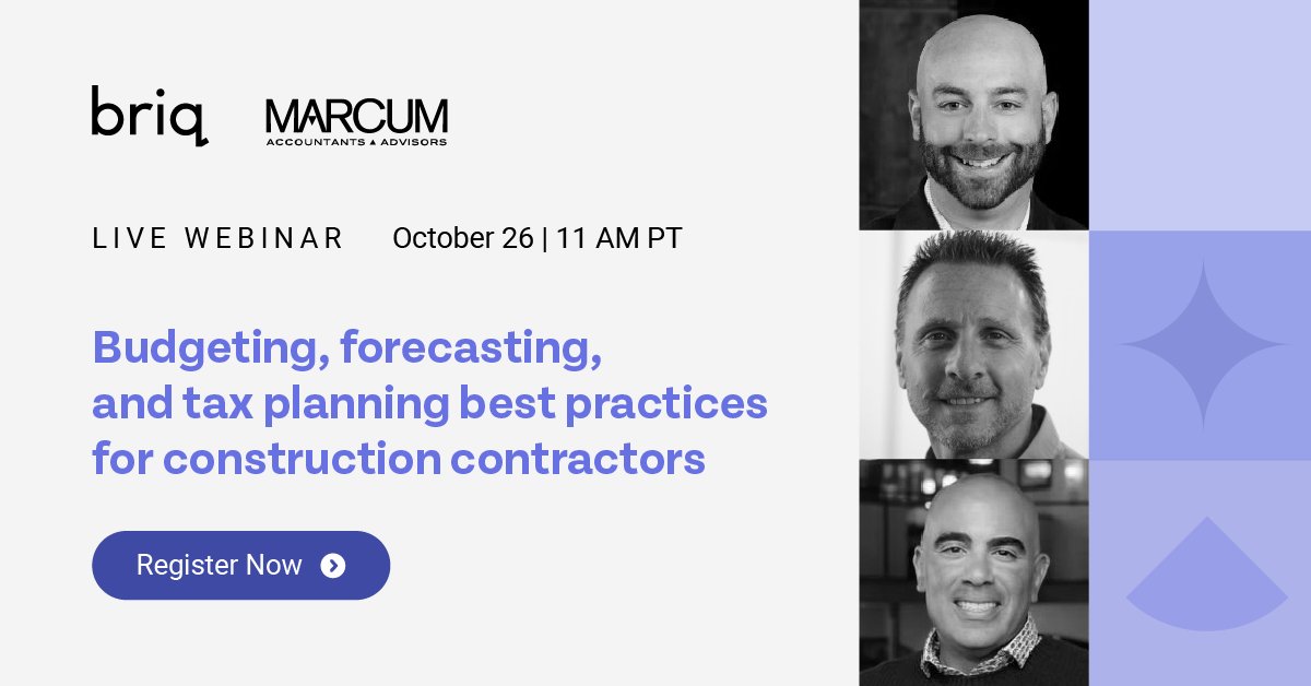 Join our webinar with Briq CEO and Co-founder Bassem Hamdy, and construction finance experts Chuck Schwartz and Dan Mauriello from Marcum LLP. They’ll go over everything you need to know to enhance your budgeting, and forecasting.
briq.com/webinars/budge…