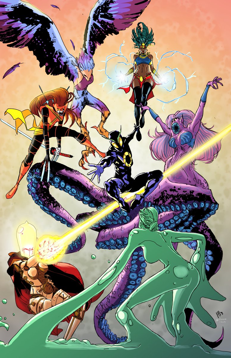 BigBangComics1's tweet photo. THE SISTERHOOD OF SIN (#DarkWind #Oya #Scylla #GungeGirl #Phoebe #Kuniyoshi) vs. SHUTTERBUG. A concept by @PEDROANGOSTO1, art by #AngelBernuy and color by #JavierPacheco. https://t.co/erd0YNTxdy