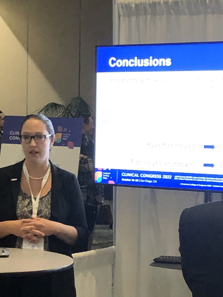 JuliaColemanMD's tweet photo. Grateful to @AmCollSurgeons for the opportunity to share our work on the coagulopathy of severe accidental hypothermia -> ⬇️ clot strength and ⬆️ fibrinolysis. Hyperfibrinolysis predicts mortality. #RASatCC #ACSCC22 https://t.co/TUi3C785FV