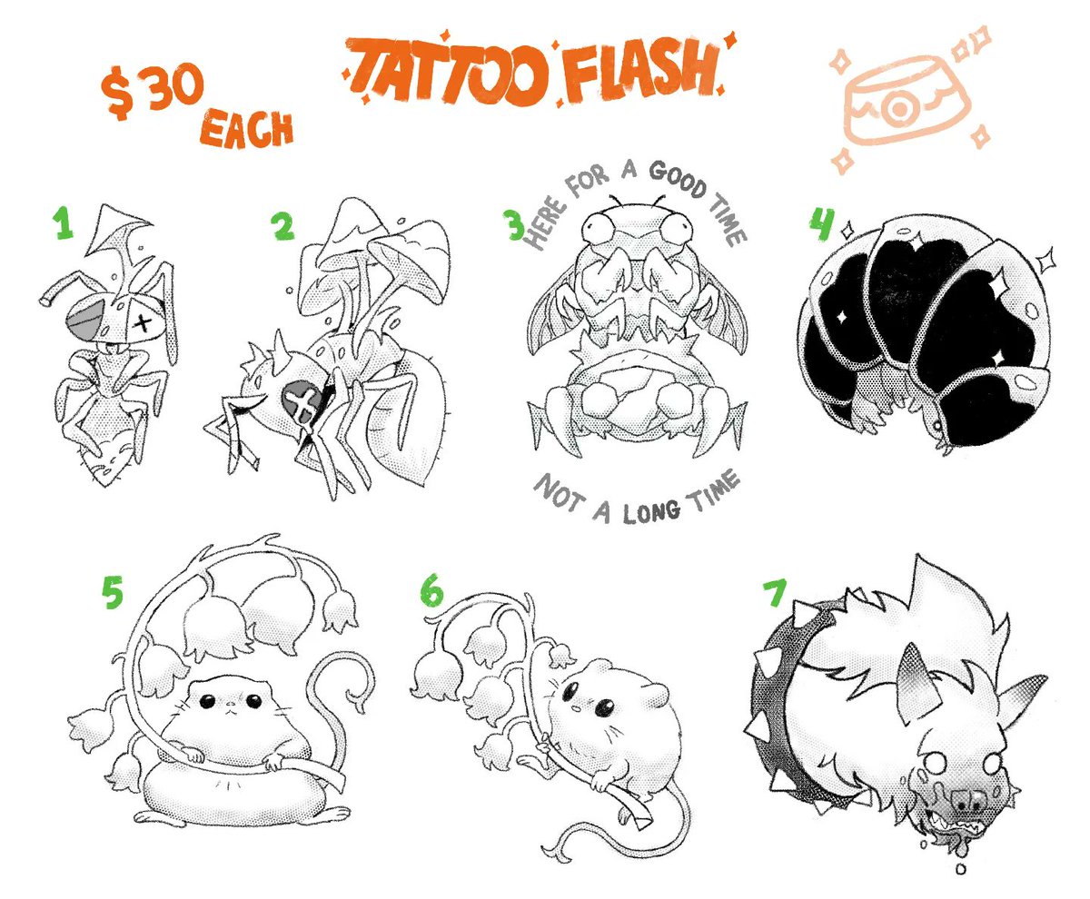Posting my first Tattoo Flash sheet! Each design comes with a lineart only version, a color version and any sketches I made in the process:) DM to claim a design ✨️