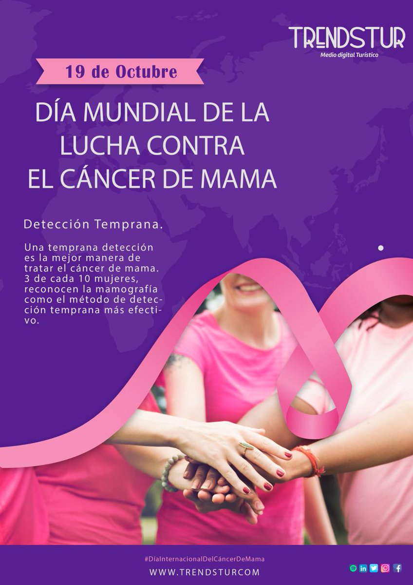 Cada 19 de Octubre se conmemora el día Mundial de la lucha contra el Cáncer de mama, esto con el objetivo de sensibilizar a la población acerca de la importancia de realizar una detección precoz y oportuna. 

#trendstur #tendenciasturisticas #cancerdemama  #detecciónoportuna