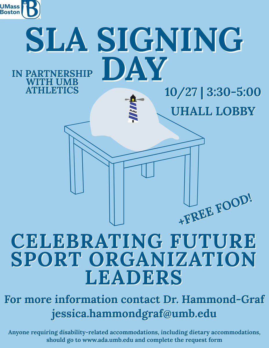 umbslasa's tweet photo. Join us to show your SLA pride at our Signing Day event on October 27! We’ll be in the UHall first floor common area from 3:30-5 celebrating you, the future leaders of sport! #SLASigningDay https://t.co/VHRpuwCOxR
