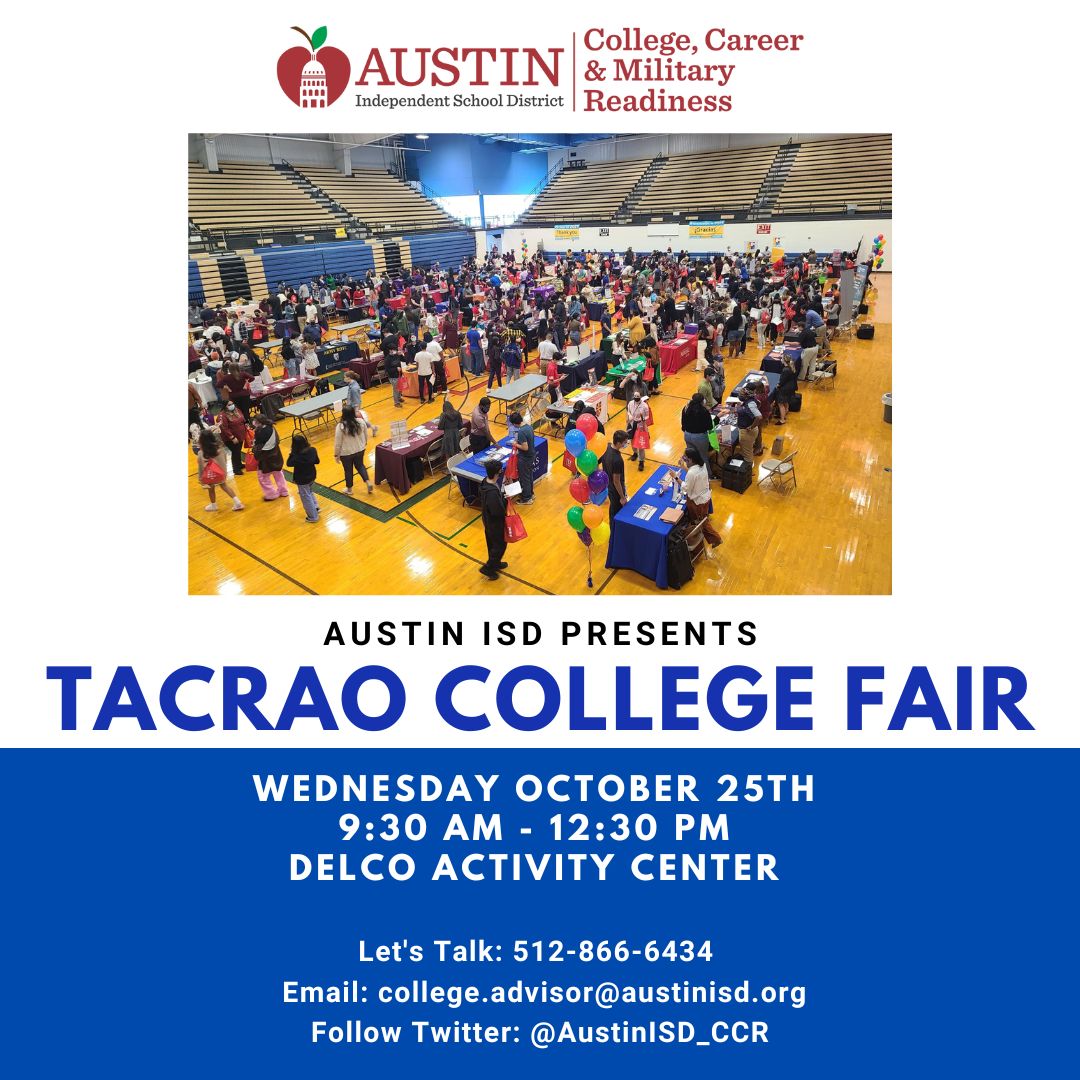 AustinISD_CCR's tweet photo. @AustinISD_CCR is excited to host our annual college fair! @AustinISD seniors will have the opportunity to meet with over 100 college admission representatives! #EducationGoGetIt @Creslond @la_scruggs @MelaijahA https://t.co/2iHXDwJc1z