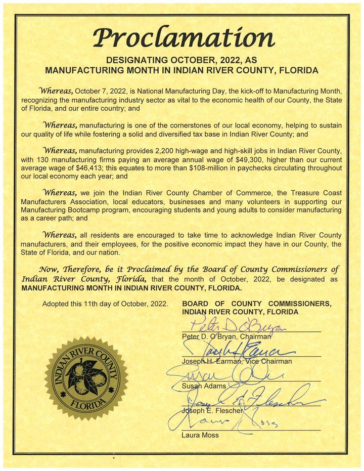 IRCEconomicDev's tweet photo. The Board of County Commissioners passed a Proclamation designating October as #Manufacturing Month in #indianrivercounty Local manufacturers, our Boot Camp committee &amp; Indian River County Chamber of Commerce joined Chamber officials to recognize Manufacturing Month in IRC https://t.co/f5OAePYfve