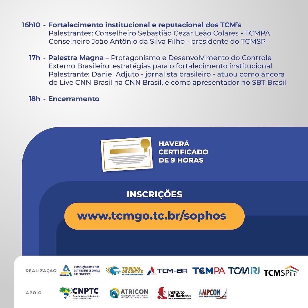 Abracom_tcms's tweet photo. Confira a programação completa do Encontro Nacional dos TCMs, que acontece amanhã, 20/10, em Goiânia. 

A programação inclui palestra do governador Ronaldo Caiado, que falará às 10 horas sobre "Relações Político-Institucionais Estratégicas para os TCMs”. https://t.co/VUJVmY4us8