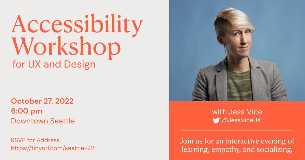 joebernux's tweet photo. Seattle UX Happy Hour folks: join us next week as we collab with @JessViceUX and learn from her expertise in accessibility. Thurs 10/27 at 6pm in Pioneer Sq. RSVP at https://t.co/7xWce7xLRs
#SeattleUX #UXHH #a11y https://t.co/Qoqx2UUt8W