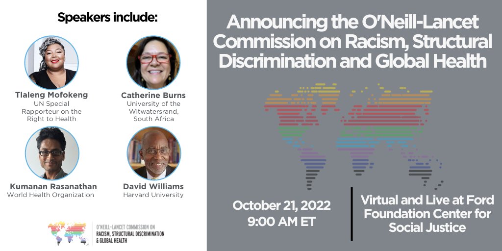 Let’s talk about racism, structural discrimination and health equity. Register to join us virtually this Friday, 10/21, from 9:00-11:00AM EST to learn about our new work in partnership @oneillinstitute & @TheLancet, hosted by @FordFoundation. tinyurl.com/23yyf6ef #RSDGHCom