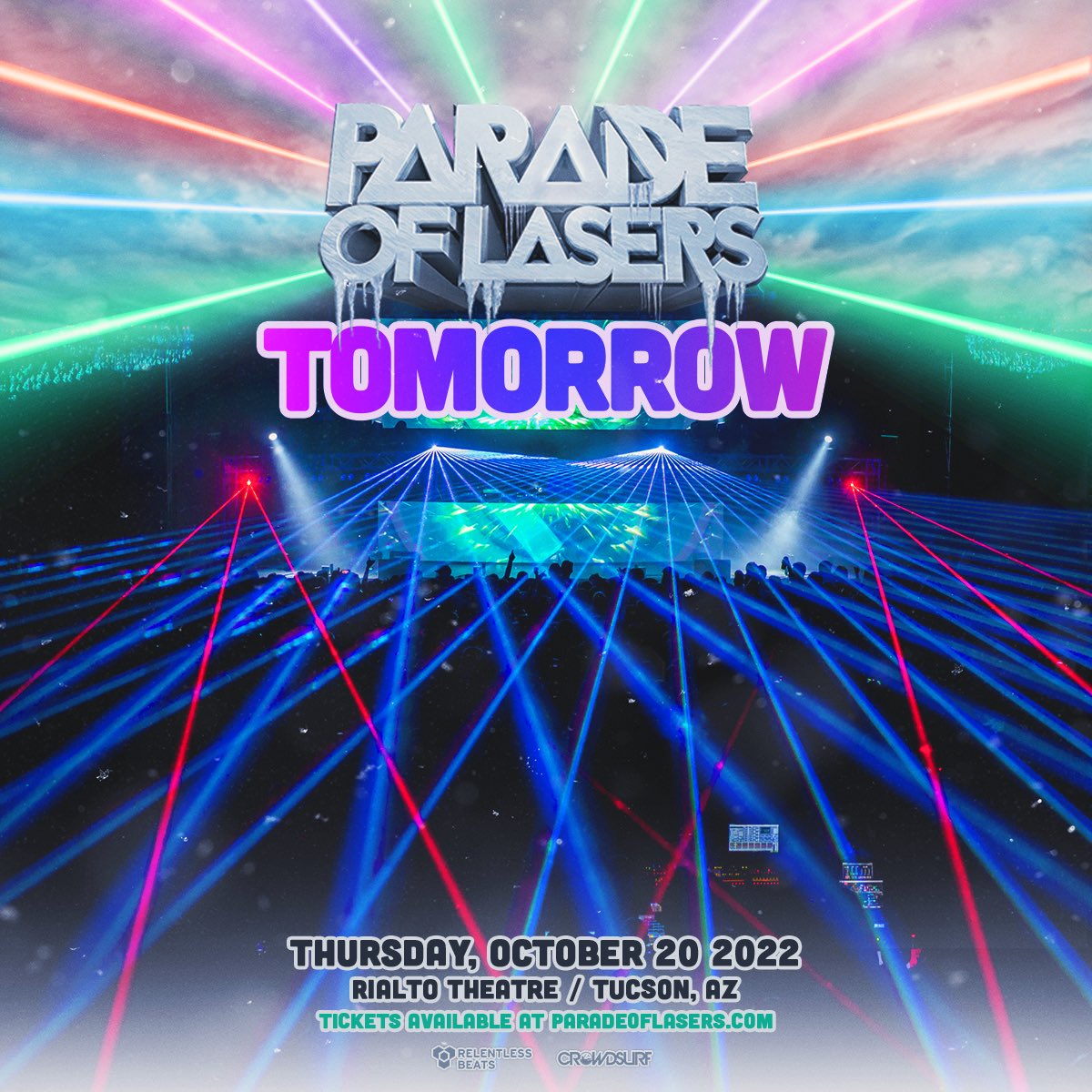 ParadeOfLasers's tweet photo. TOMORROW! ⚡️ We let the lasers fly at the Rialto Theatre w/ @Ghastly presents GHENGAR + @tynanofficial! 🎉 

Get tickets  ⇨ https://t.co/j5rQ19JL68 https://t.co/bmjvKrIVZy