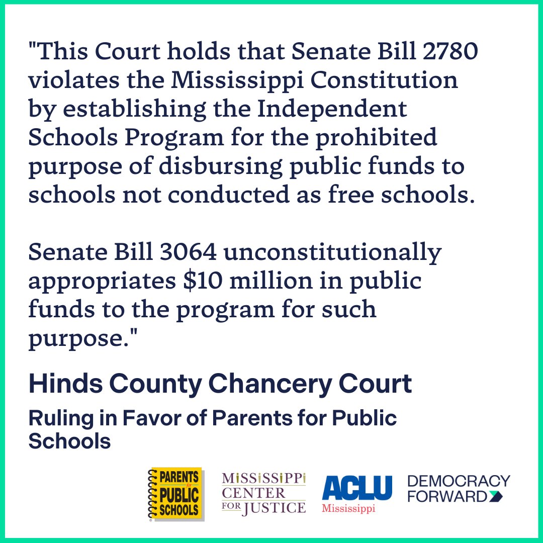 When the MS legislature violated the Constitution by directing public $ to private schools, it did more than continue a history of undermining public education. It broke the law, period. Last week's ruling makes clear: no one, not even the MS legislature, is above the law.