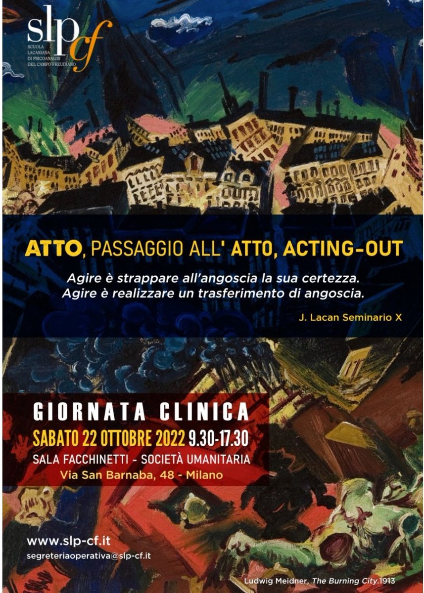 💥💥💥 pronti, partenza...
Giornata clinica

ATTO, PASSAGGIO ALL'ATTO, ACTING-OUT
Milano, 22 ottobre 2022

#slpcf
#attopassaggioallattoactingout
#giornataclinica