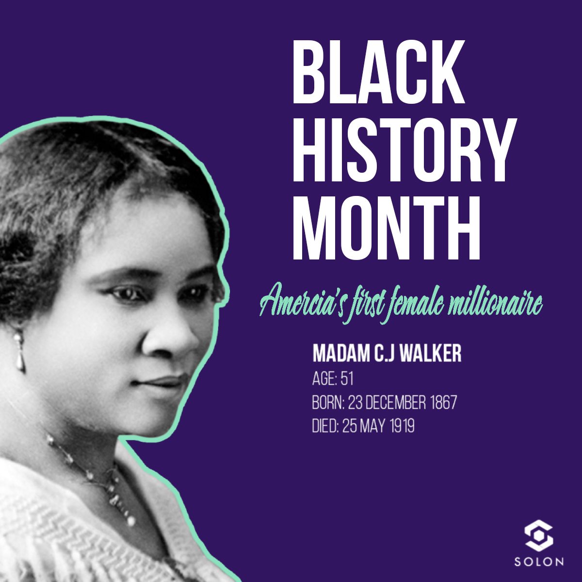 solonapp's tweet photo. This Black History Month we honour business woman Madam C. J. Walker for her achievements as an entrepreneur. Madam C.J Walker is recorded in the Guinness World Records as the first woman to earn a personal fortune of more than $1,000,000. Read more https://t.co/s85yXZPl3n #BHM https://t.co/dHkl7byeCy