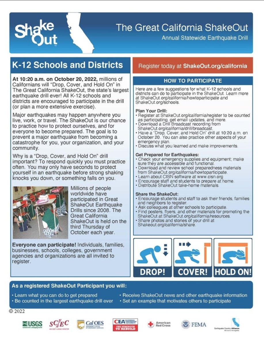 Lake families: we are participating in the Great California ShakeOut at 10:20am on 10/20 (tomorrow!). 💙🐬 #golakedolphins #ShakeOut @ReadySanDiego
