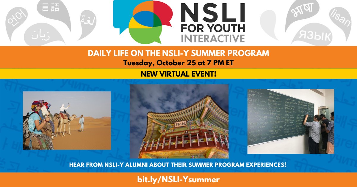 Join #NSLIYInteractive for the “Daily Life on the NSLI-Y Summer Program” virtual event on Tuesday, October 25 at 7 PM ET! #NSLIY summer alumni panelists will share an insider look into their time in India, Indonesia and Turkey. Register for the event at bit.ly/NSLI-Ysummer