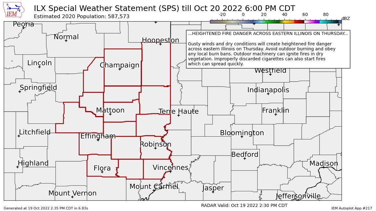 HEIGHTENED FIRE DANGER ACROSS EASTERN ILLINOIS ON THURSDAY for Champaign, Clark, Clay, Coles, Crawford, Cumberland, Douglas, Edgar, Effingham, Jasper, Lawrence, Moultrie, Piatt, Richland, Shelby, Vermilion [IL] till 6:00 PM CDT mesonet.agron.iastate.edu/p.php?pid=2022…