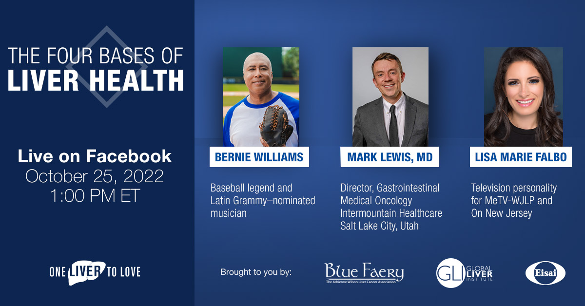 EisaiUS's tweet photo. Join us live on FB on 10/25 for an engaging discussion on the 4 bases of #liverhealth with baseball legend @bw51official, oncologist @marklewismd and @LisaMarieFalbo. For every view of the broadcast, we’ll donate $1 (up to $10K) b/w @BlueFaeryLiver &amp; @GlobalLiver. #OneLiverToLove