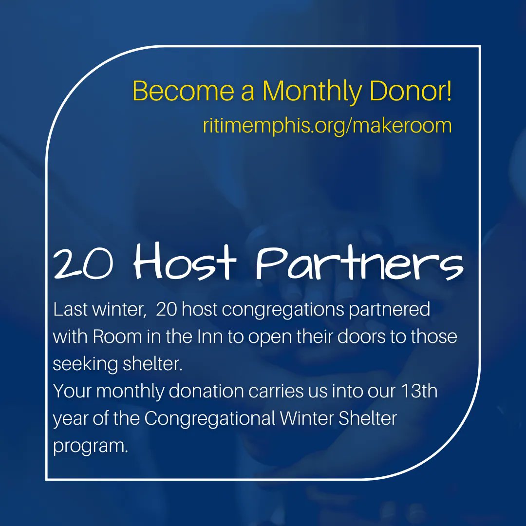 For 12 years, Room in the Inn host congregations across the Memphis area have opened their doors to those seeking shelter. Your monthly donation carries us into our 13th year of the Congregational Winter Shelter program. Partner with us today at ritimemphis.org/makeroom