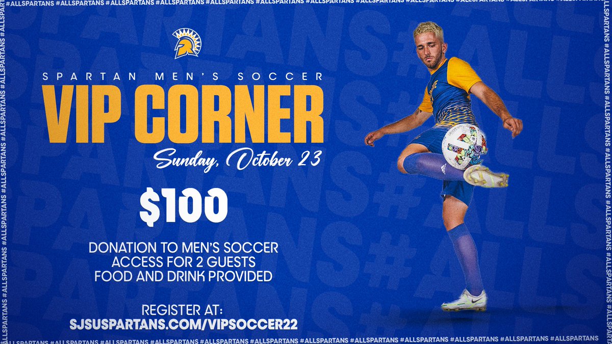 Field-level premium hospitality available for Spartan Nation at Sunday’s Men’s Soccer match! 

JOIN US 👇🏼
sjsuspartans.com/vipsoccer22

<a href="/SJSUAthletics/">San Jose State Spartans</a> | #AllSpartans