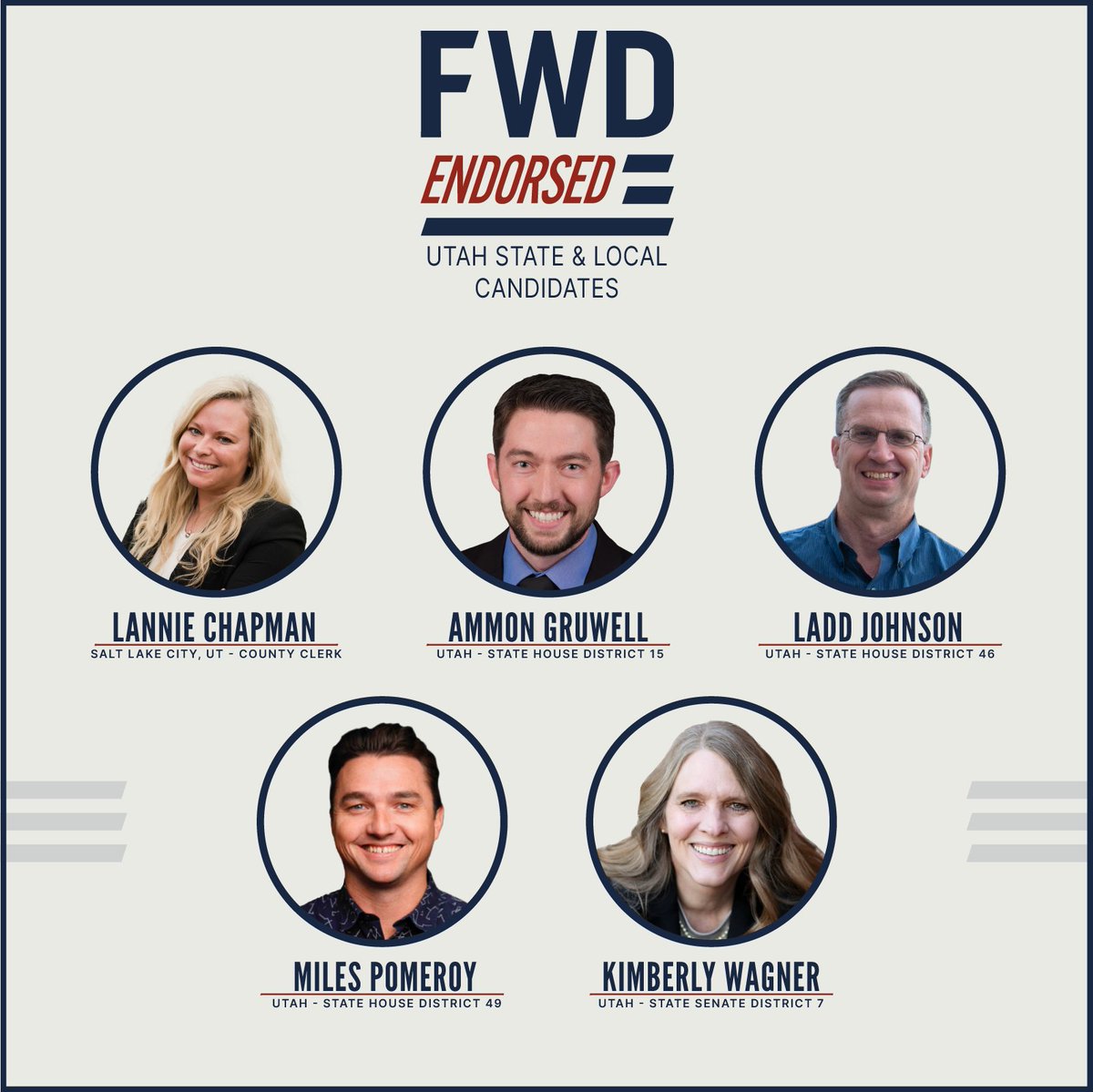 Utah is a leader in democracy reform. So it's no surprise they have a lot of Forward thinking candidates at the state &amp; local level. We're proud to endorse: <a href="/VoteLadd/">Ladd Johnson</a> <a href="/lannieforclerk/">Lannie Chapman</a> <a href="/AGruwell/">Ammon Gruwell</a> <a href="/moderate_miles/">Miles Pomeroy for Utah State Treasurer</a> @VoteKimberly.

#ForwardParty #ForwardTogether

forwardparty.com/endorsements