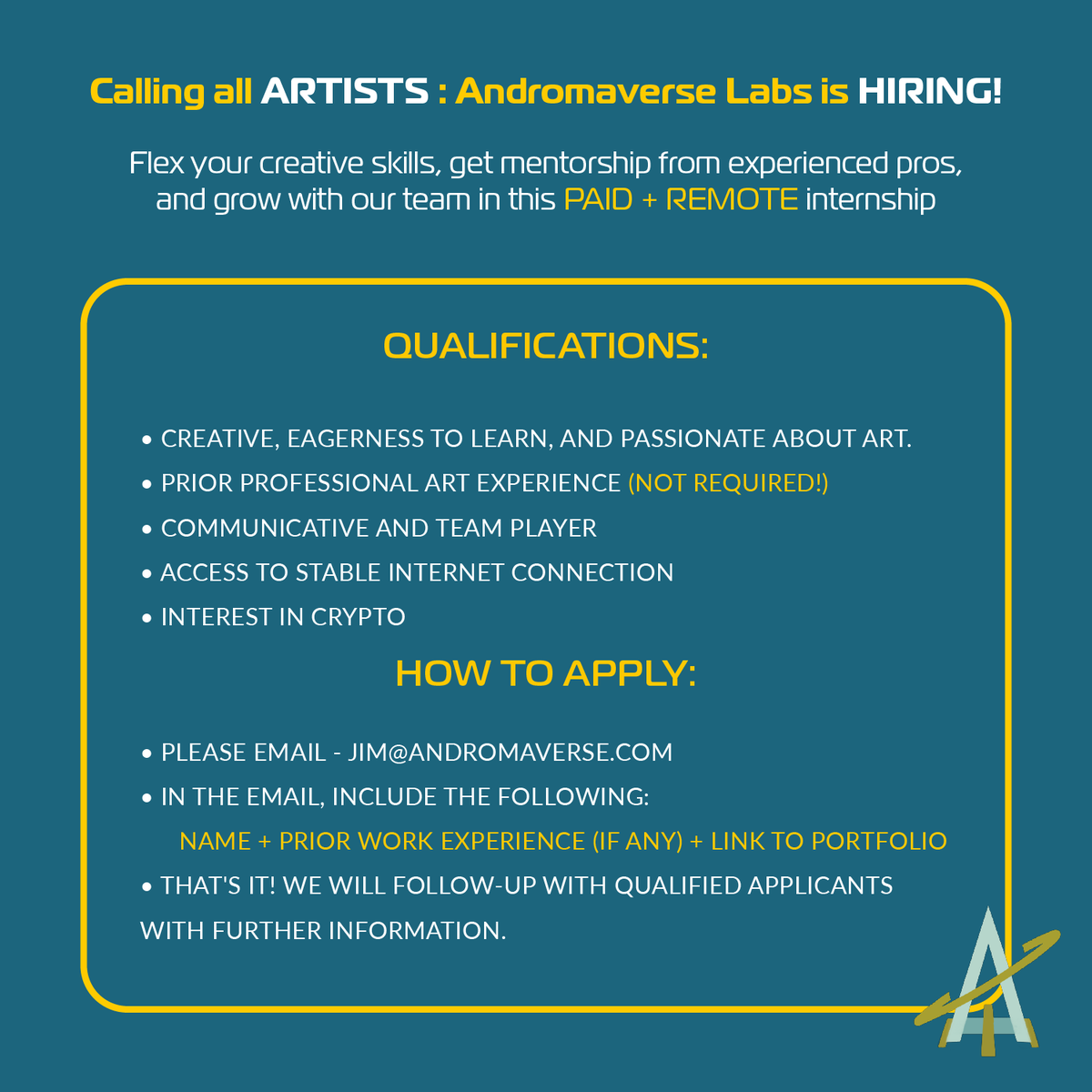 See image below for info on how to apply. This is an awesome opportunity for those seeking an entry-level artist gig to grow and gain experience🤗 Good luck! (2/2)