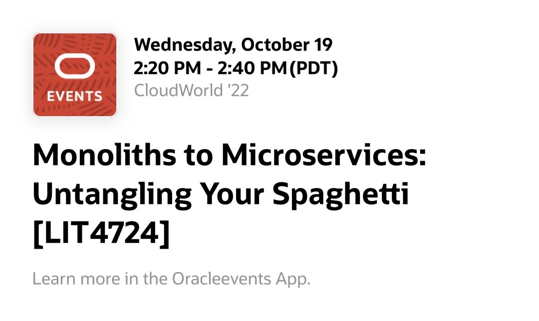 bobquillin's tweet photo. Check out my Lightning talk today “Monoliths to Microservices: Untangling Your Spaghetti” [LIT4724] at ⁦⁦@CloudWorld⁩ '22 and #JavaOne See this session at https://t.co/GEADARsKAf #vfunction https://t.co/VLXtMgtrRR