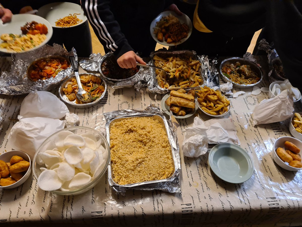 AmpColl_StJ's tweet photo. Half of the house has departed for half-term. Chinese takeaway for the survivors. A couple of them are off to Lisbon on rugby tour, and another group are spending the next week on the Nepal expedition. https://t.co/vTX1Md1bPX