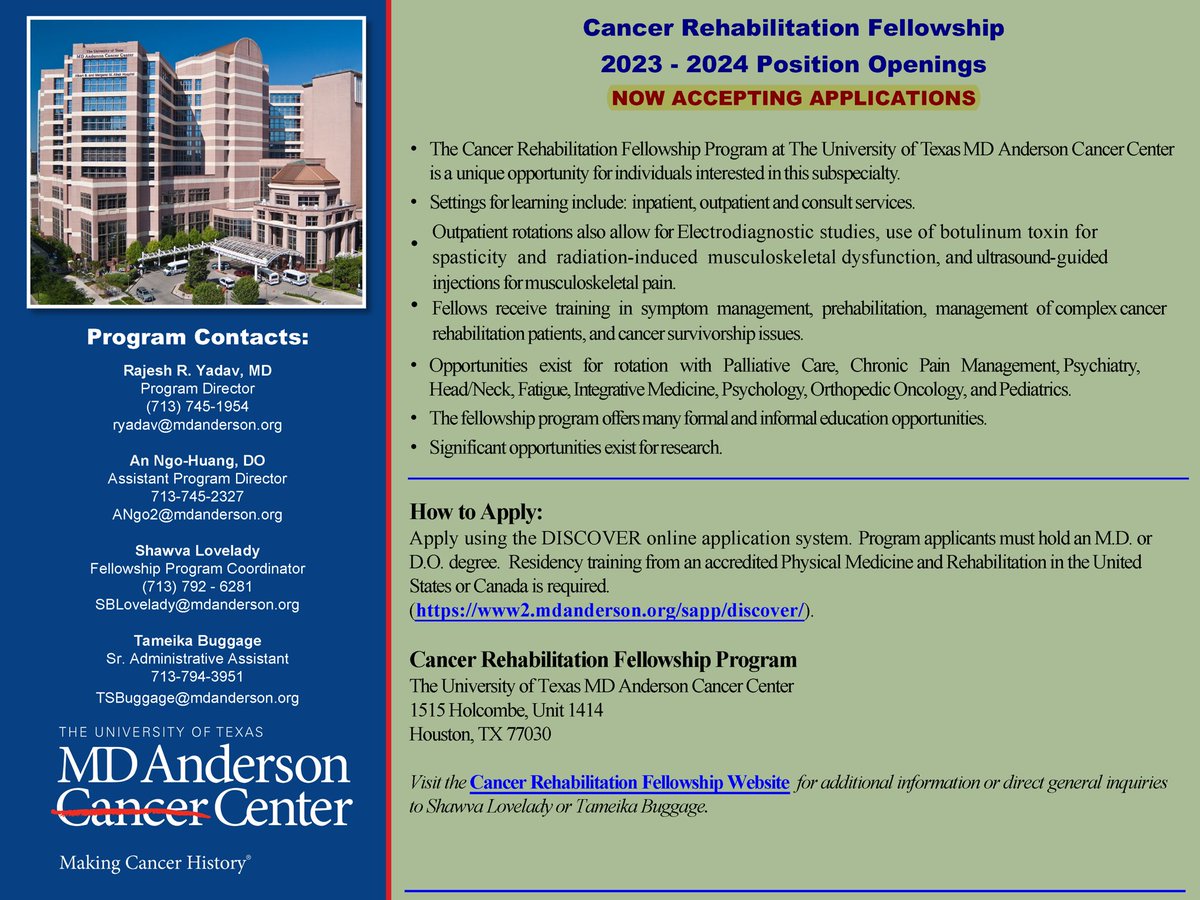DrNgoHuang's tweet photo. We are recruiting for cancer rehab fellowship for 2023-2024. Excellent one yr training with OP/IP comprehensive oncology Prehab/Rehab. https://t.co/I4zMO2pVvp https://t.co/y1fDc0VlAM