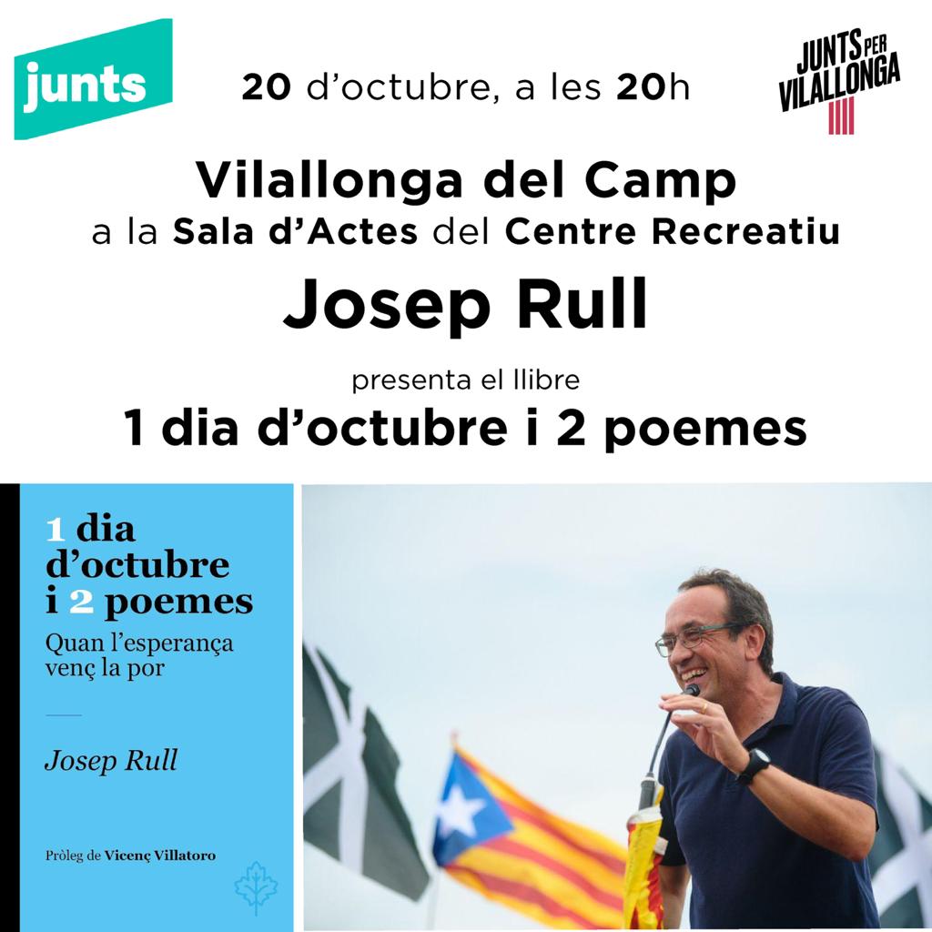 JuntsVilallonga's tweet photo. Demà a les 20:00 del vespre al centre recreatiu del noste poble, tenim l'honor  de gaudir d'una bona estona del amic @joseprulliandreu on ens presentarà el seu llibre " 1dia d'octubre i 2 poemes" des de #juntsperVilallonga ús animem acompanyar-nos aquest acte tant especial https://t.co/dH515vbFhM