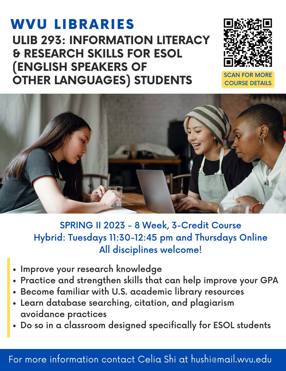 wvuLibraries's tweet photo. WVU Libraries is offering a research skills class, ULIB 293, for ESOL students! https://t.co/boKLouZoRG