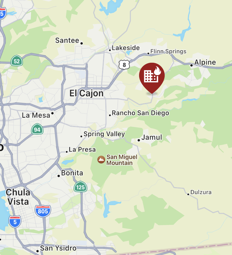 CALFIRESANDIEGO's tweet photo. .@CALFIRESANDIEGO is at scene of a fully-involved structure fire (possibly a barn) near Harbison Canyon Rd and Los Caballos Lane in Harbison Canyon. Small spot into vegetation, but spread in the grass and brush is minimal. #HarbisonFire https://t.co/7c4BK7LIb8