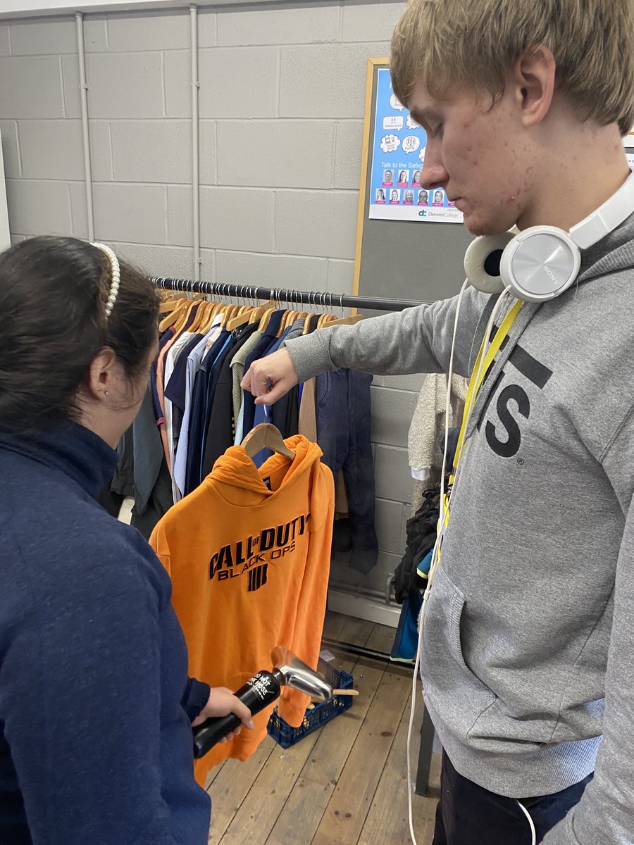 RE_Derwen's tweet photo. Teamwork makes the dream work Varvara and Daniel working together to steam clean clothes in the back room of the vintage advantage charity shop here ⁦@DerwenCollege⁩ https://t.co/3rhXlC0PS6