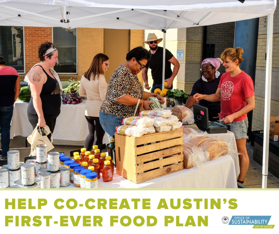 A photo of people buying and selling local produce and goods at a farmers market over the words "Help co-create Austin's first-ever Food Plan"