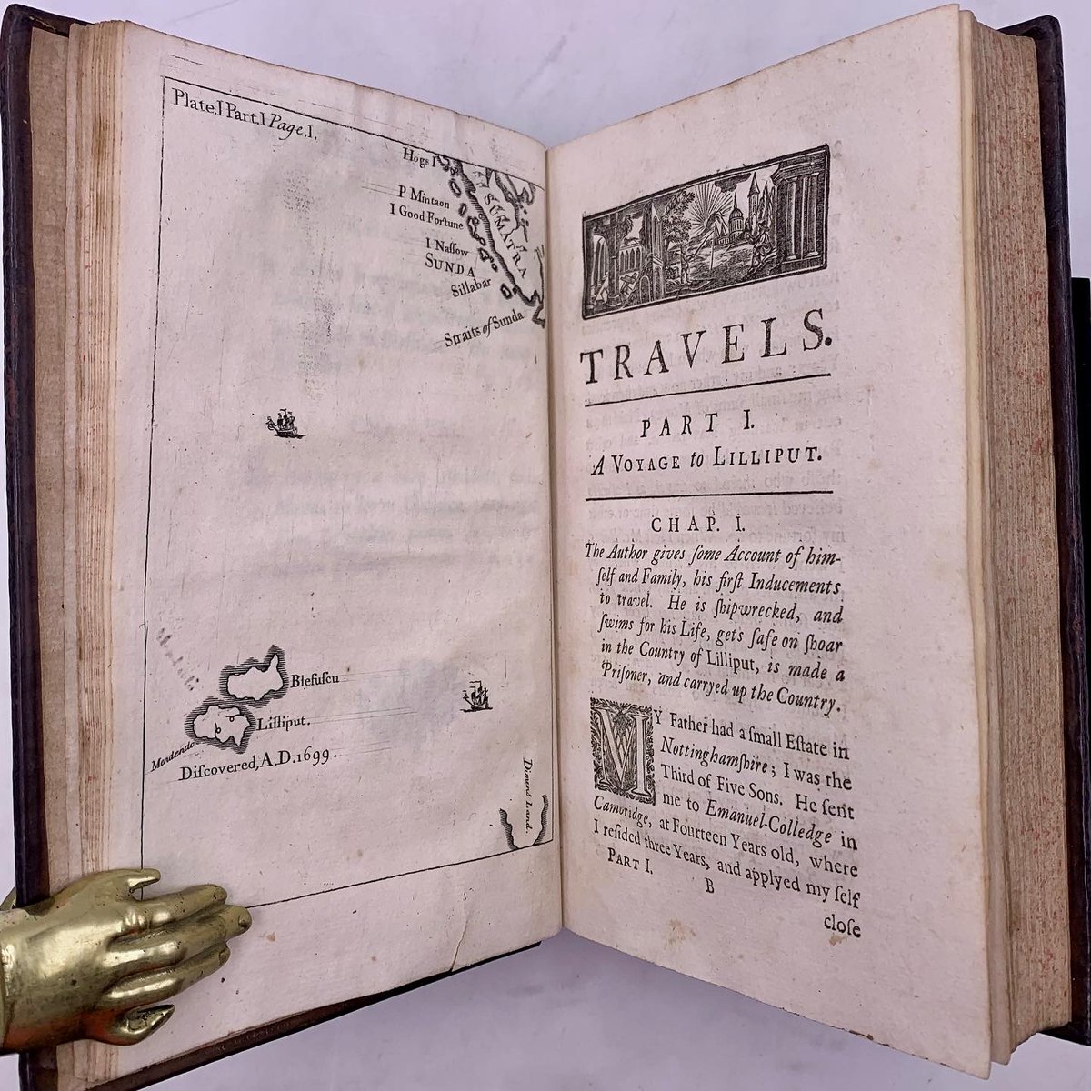 CumminsBooks's tweet photo. Jonathan Swift, widely regarded as the foremost prose satirist in the English language, died #onthisday in 1745. Here is a sneak peek inside of the FIRST EDITION of the FIRST PRINTING of Gulliver’s Travels! Check out this scarce copy and more at: https://t.co/Nfjr5ZKSfK https://t.co/LZjNL3JICW