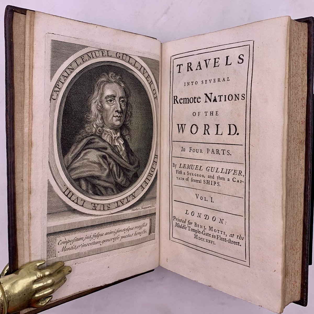 CumminsBooks's tweet photo. Jonathan Swift, widely regarded as the foremost prose satirist in the English language, died #onthisday in 1745. Here is a sneak peek inside of the FIRST EDITION of the FIRST PRINTING of Gulliver’s Travels! Check out this scarce copy and more at: https://t.co/Nfjr5ZKSfK https://t.co/LZjNL3JICW