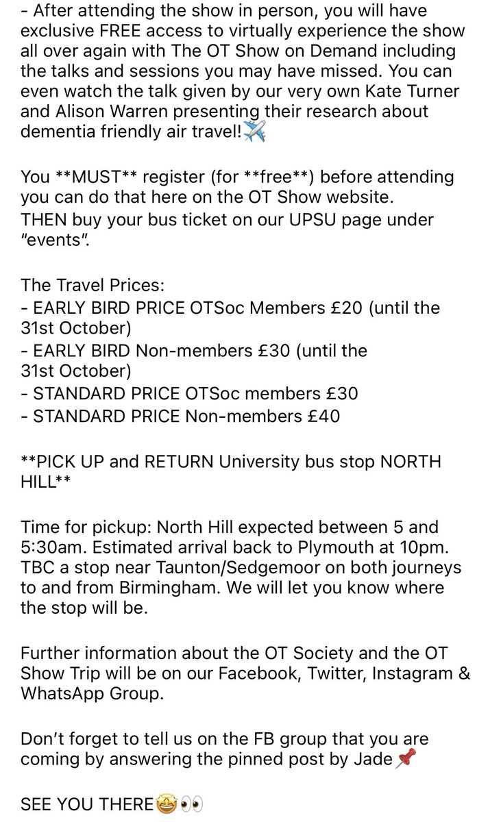 plymotsoc's tweet photo. EVENT ANNOUNCEMENT‼️📣
PlymOTSoc are going to Birmingham!🤩
See details below, welcome our members and our local OT community. 💚✨
Any Qs, message us on Twitter, Instagram or Facebook✨
See you there!👀🥰
#occupationaltherapy #theOTShow #OTstudy @OTPlymouthUni #CPD @theRCOT https://t.co/7Ge2fNnoIc