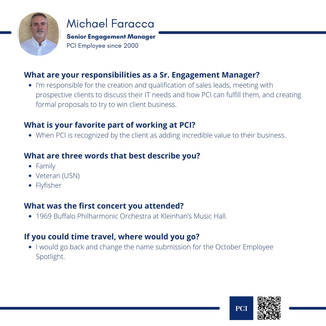PCIBUF's tweet photo. 📣 Our October Employee Spotlight is none other than Michael Faracca!📣

Learn more about Mike below. 

Sorry we couldn't accommodate your time travel request, Mike. https://t.co/9D754FOrPE