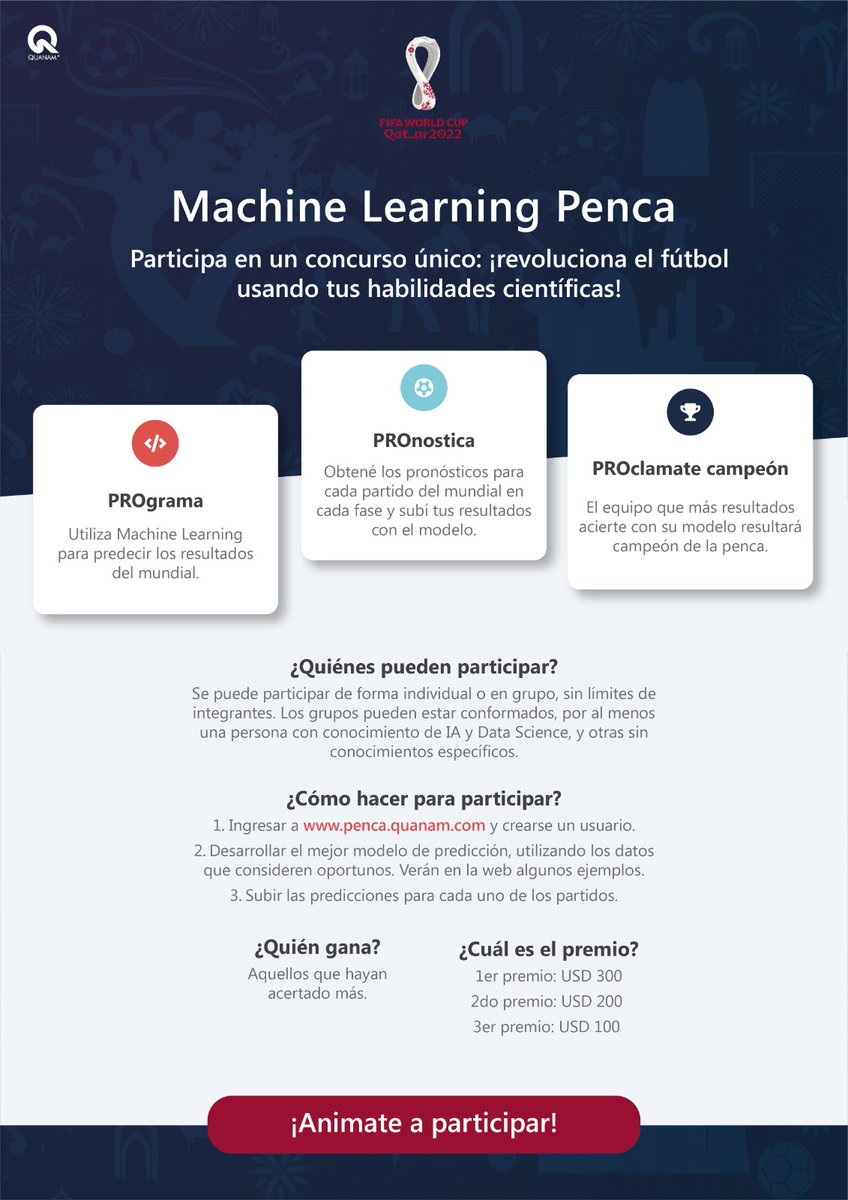 QuanamCorp's tweet photo. ¡Lanzamos oficialmente nuestra PENCA DE MACHINE LEARNING! 🙌😀

Los invitamos a revolucionar el fútbol usando tus habilidades científicas.
¿Cómo, cuando, de qué manera, cuáles son los premios?

Todos lo podrás ver en nuestra página oficial: https://t.co/Bul0smHggZ

¡Animarte! https://t.co/yDLepmsDep
