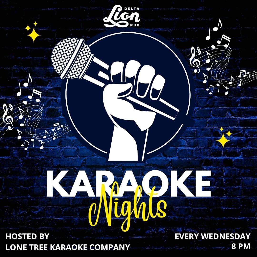 DeltaLionPub's tweet photo. Join us TONIGHT at the DLP for Karaoke Night!✨

Hosted by Lone Tree Karaoke Company - starts at 8pm!

#DeltaLionPub #ExperienceDelta #WeLoveDelta #KaraokeNight #DLP https://t.co/JMGJX7UoDa