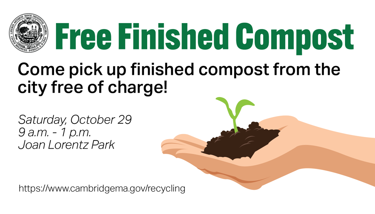 CambMA's tweet photo. The City of Cambridge will be distributing finished compost free of charge to Cambridge residents on Saturday, October 29, from 9 a.m. - 1 p.m., at Joan Lorentz Park, (in front of @cambridgepl), 449 Broadway, Cambridge. Learn more - https://t.co/Od7KKk3Jat #CambMA https://t.co/qgMKXTgnxU