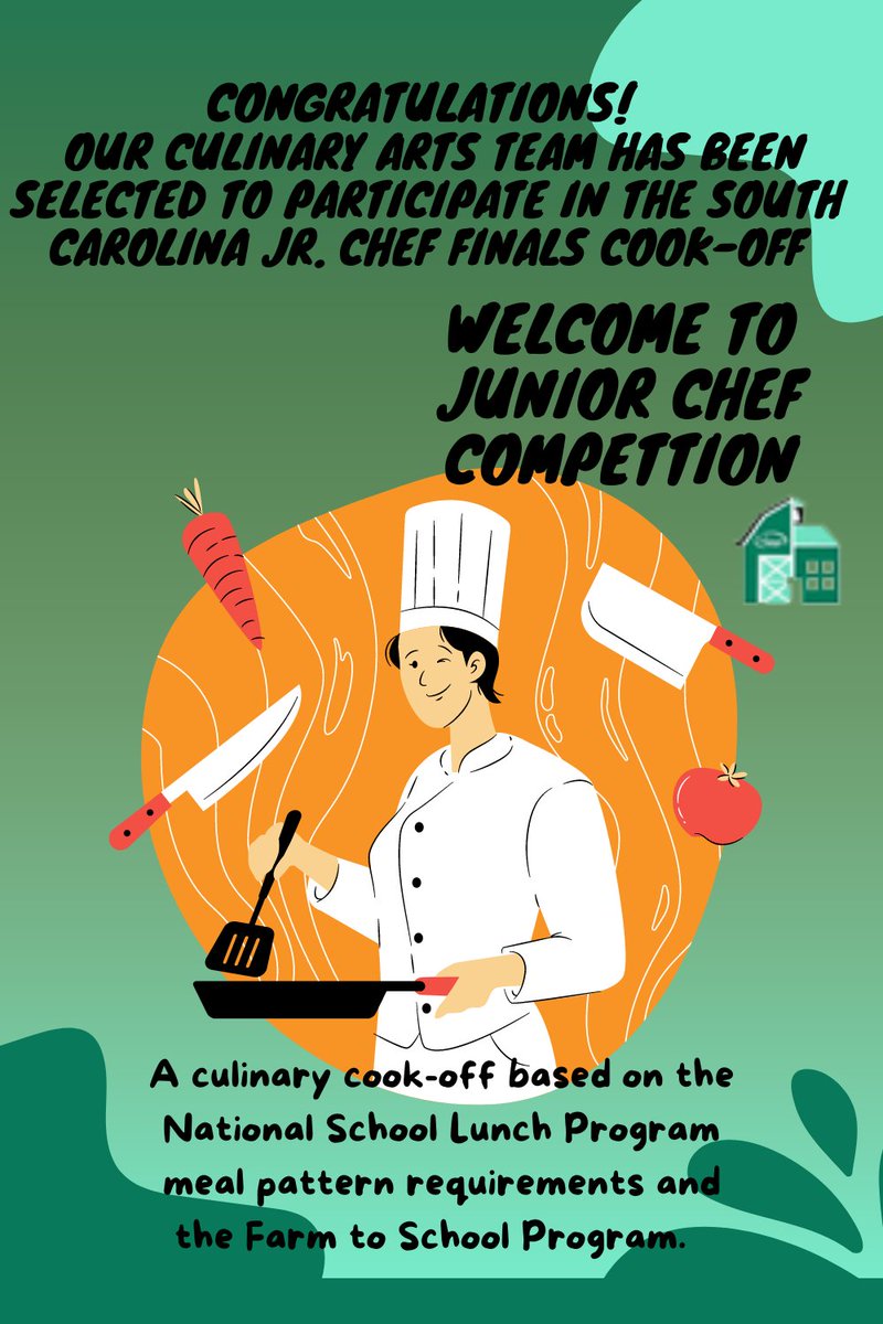 Culinary Arts Program SELECTED!Competition is designed to expose students to the National School Lunch Program, alternative career options, teach students nutritional analysis, costing of menu items &amp; wide variety of local food options SC agriculture produces #OurD5Story #D5CATS