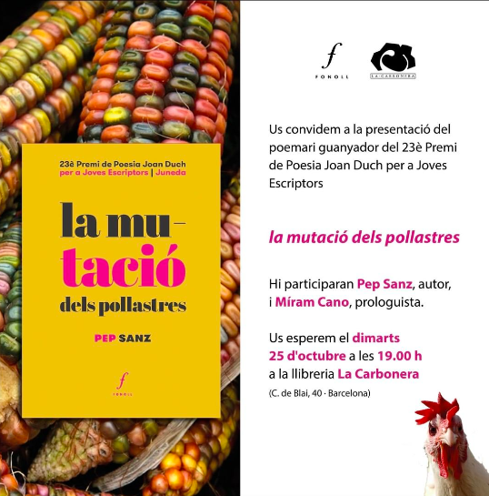 Pepm_Sanz's tweet photo. I dimarts vinent farem presentació a Barcelona a @_LaCarbonera, amb la tieta i prologuista dels pollastres @_mrspremise.
Els tinc ben marejadets amb el 'tinglado', sort que són de closca dura... #pollotour.
Visca la poesia! https://t.co/sTQtoarUYZ
