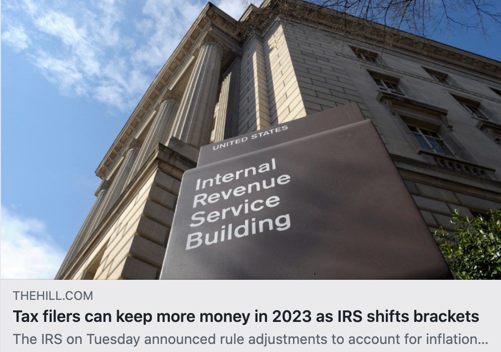 AngelaTheCFO's tweet photo. "The IRS on Tuesday announced rule adjustments to account for inflation for the 2023 tax year, including shifts for tax brackets and the standard deduction.  

The IRS releases inflation adjustments annually, but this year’s announcement comes amid heightened economic concerns https://t.co/llVJ7aVXqk