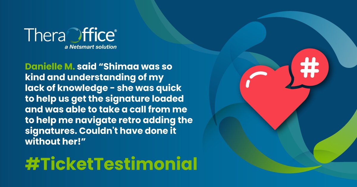 TheraOffice's tweet photo. 🙂Ticket Testimonial🙂

Danielle M., a business office team member at Corephysio, appreciated Shimaa's attentiveness to her immediate needs. We love seeing our clients happy and satisfied!

#TheraOffice #EMR #beyondtheplatform #physicaltherapy #occupationaltherapy #speechtherapy https://t.co/cLC7KP00og