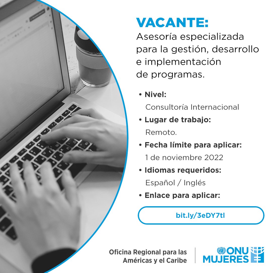 📣 #Vacante Consultoría Internacional: Asesoría especializada para la gestión, desarrollo e implementación de programas 🗓️ Fecha limite para aplicar: 1 de Noviembre 2022 🔗 Enlace para aplicar: bit.ly/3eDY7tl