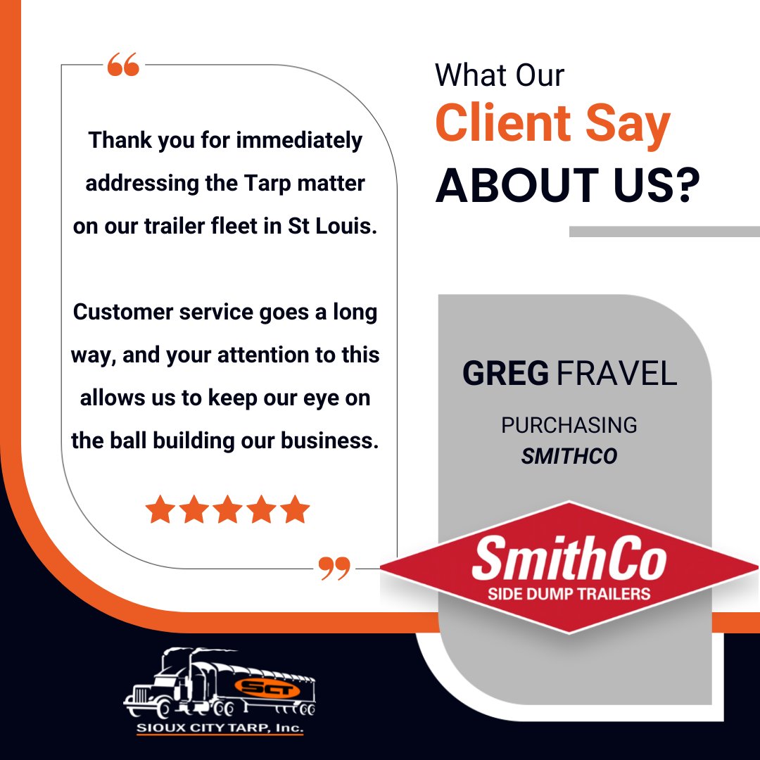 Thank you to SmithCo Side Dump Trailers for your kind words!  We appreciate your business!
#Nationwide #ElectricTarpSystem #Tarps #Trailers #TrailerCovers #GrainTrailers #sidedumptrailer #OnsiteServices #FarmInstalls #FamilyOwnedBusiness #SiouxCityTarp #trucking #madeintheusa