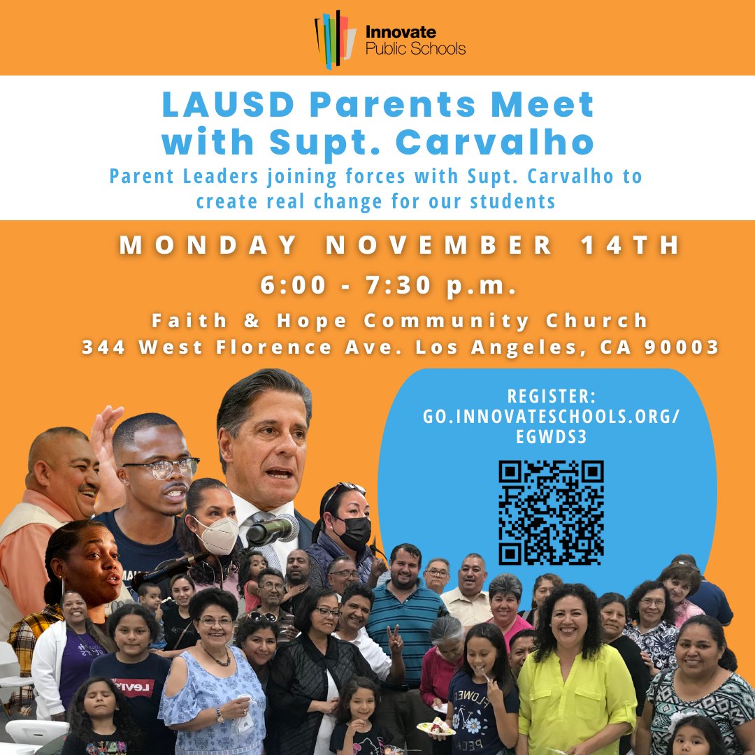 InnovatePS_LA's tweet photo. #LAUSD is armed with over $18B and a strategic plan filled with bold promises this year. For the plan to be successful, parents must be engaged as partners and seen as leaders in this work. Join us on Mon. 11/14 for a meeting with @LAUSDSup to learn more https://t.co/2Ibc8qEgKv https://t.co/yh0ikIVVv0