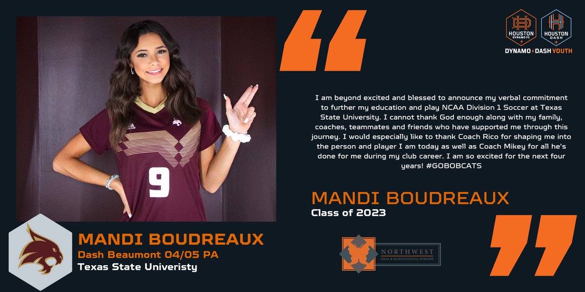 HTXSoccer's tweet photo. 🚨College Commitment! 🚨

@mandi_boudreaux from the Houston Dash Beaumont 04/05 PA has committed to @TXStateSoccer ! Congrats, Mandi! 🧡

#dynamodashyouth #ddycollegecenter #ddycff #collegefitfinder @stxsoccer @NationalLeague @nwomsmarketing https://t.co/W8BcwELcxM