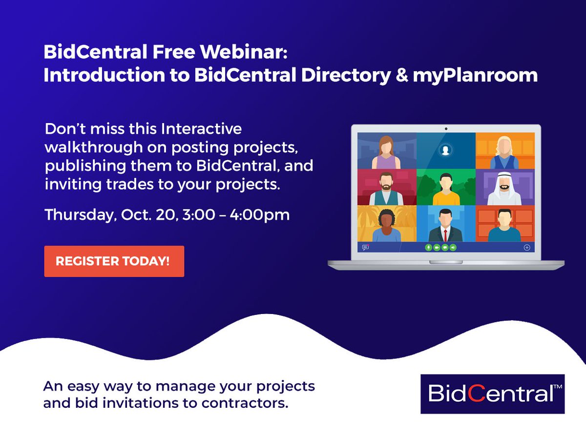 BidCentral's tweet photo. TOMORROW ββ At 3pm PST, join #BidCentral host Adam Addlestone for a timely and focused introduction to the new BidCentral Directory and myPlanroom.
Register here: https://t.co/77ycNFRw17 https://t.co/FBAfqcn5Fw