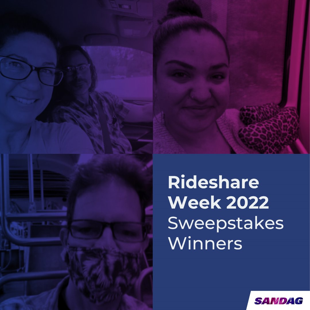 SANDAG's tweet photo. Congratulations to the #SANDAG Rideshare Week 2022 Social Media Sweepstakes Winners! To the hundreds of Rideshare Week participants, THANK YOU for pledging to Rideshare for Clean Air. π #RideshareSD https://t.co/C1rOrsfLst
