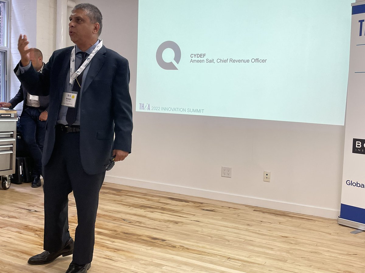 Next up is Ameen Sait of CYDEF speaking about cyber defence. “The front end for your baseline security is based on artificial intelligence for most companies and hackers have figured that out and work to break through that.” #THIAInnovationSummit