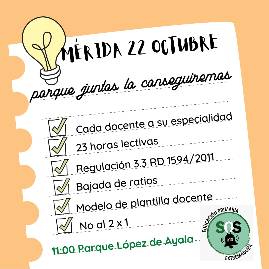🚨 Manifestación sábado 22 de octubre, Mérida 🚨 Juntos sumamos💪💪
Seguiremos luchando por nuestros derechos 💪💪💪
#PrimariaExisteyPersiste #TutoriasParaPrimaria038 #Noal2x1 #Regular33RD15942011 #CadaDocenteSuEspecialidad 
<a href="/GFVara/">Guillermo Fdez Vara</a>
<a href="/EstherGMoran/">Esther Gutiérrez</a>
<a href="/famayaf/">FranAmaya</a>
<a href="/luzseijo/">M Luz Martínez Seijo</a>
<a href="/Junta_Ex/">Junta de Extremadura</a>
